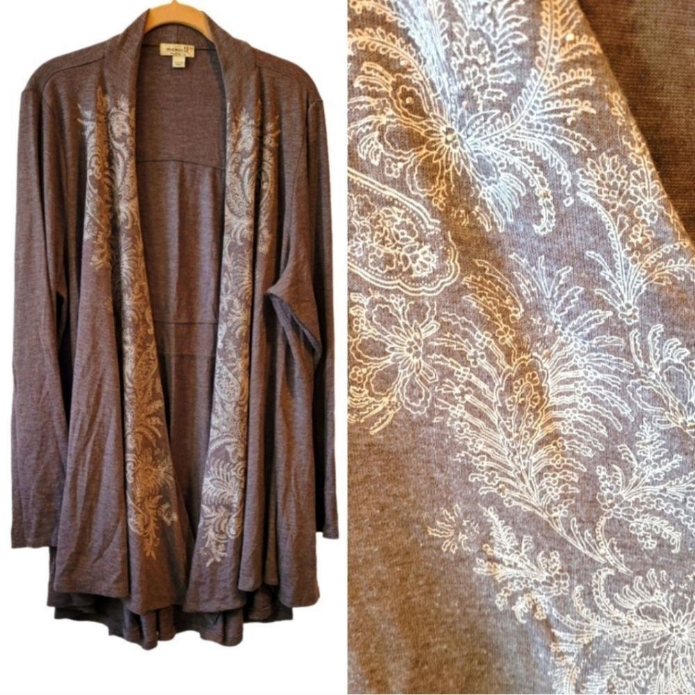 One World Light Tan Studded Floral Open Front Cardigan Size 3X